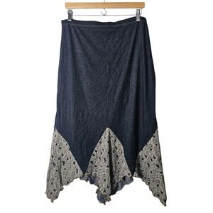VTG XL Blue Knit Midi Skirt A-Line Asymmetric Hem Floral‎ Print Accent Y2K Fairy